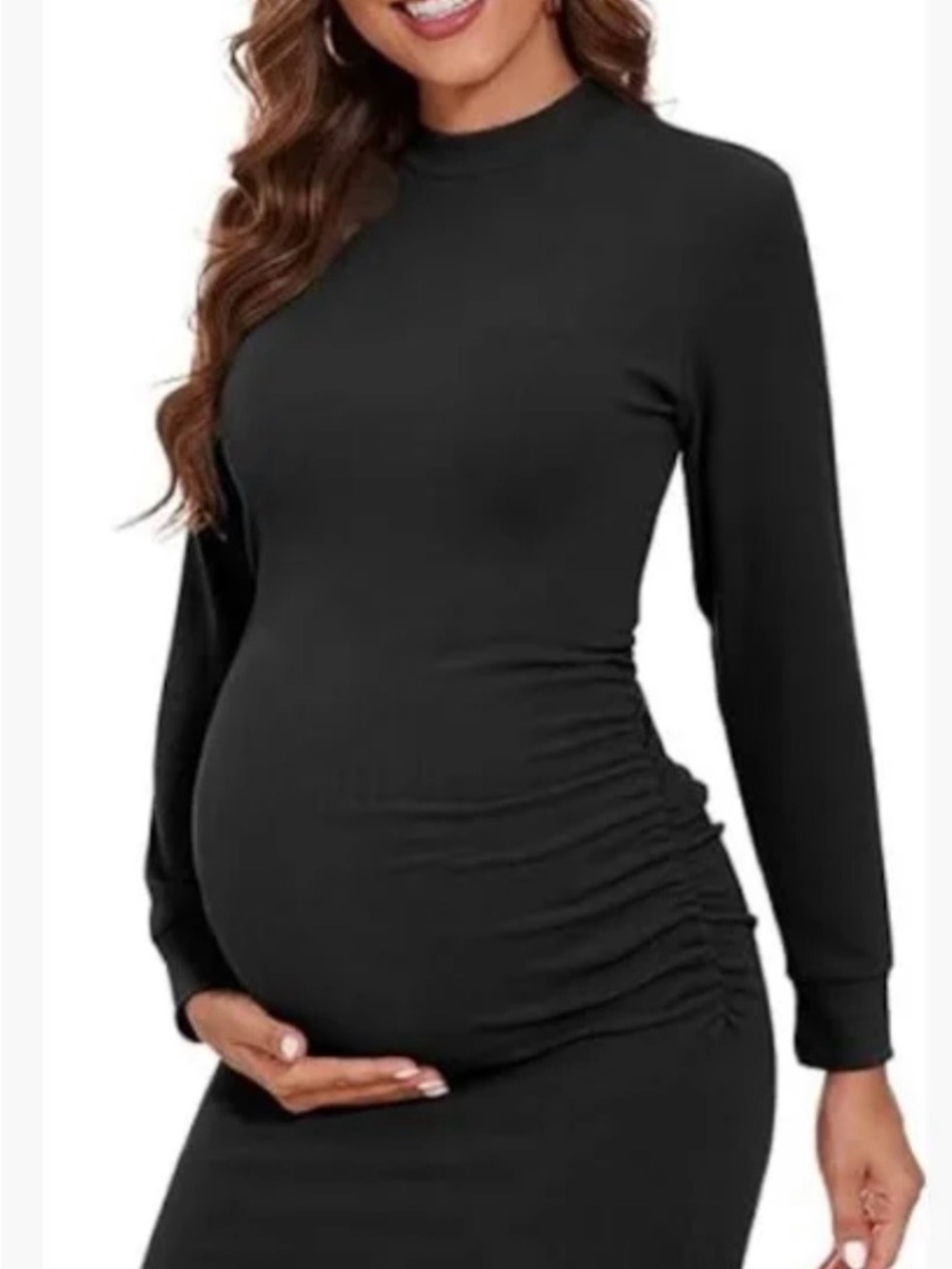Black Maternity Long-Sleeve Ruched Midi-Dress